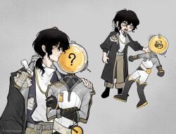  2boys ? black_boots black_coat black_gloves black_hair black_shoes boots coat commentary enigma_(reverse:1999) ferrofluid fishbowl_helmet gloves grey_background grey_pants hand_on_another's_shoulder helmet highres john_lalonde jumpsuit low_ponytail male_focus medium_hair multiple_boys multiple_views object_head pants ponytail reverse:1999 shirt shoes standing thigh_boots ulrich_(reverse:1999) untranslatable_commentary white_jumpsuit white_shirt yellow_eyes 
