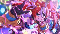  1girl :d animal_ears belt black_gloves black_hair black_shoes black_shorts black_streaks blue_eyes blue_shirt blurry blurry_background breasts colored_tips confetti crop_top double-parted_bangs game_asset gloves grin hair_between_eyes hakos_baelz hakos_baelz_(chaotic_powerful_rat) halter_shirt halterneck hand_up headphones headphones_around_neck highres hololive hololive_dreams hololive_english jacket long_hair looking_at_viewer medium_breasts morikura_en mouse_ears mouse_girl mouse_on_head mr._squeaks_(hakos_baelz) multicolored_hair non-web_source official_alternate_costume official_art quilted_jacket red_hair self-datamine sharp_teeth shirt shoes short_shorts shorts sleeveless sleeveless_shirt smile solo streaked_hair teeth thigh-highs twintails two-sided_fabric two-sided_jacket virtual_youtuber white_belt white_streaks yellow_jacket yellow_thighhighs 