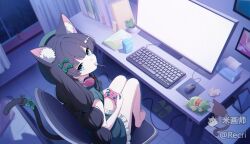  1girl absurdres animal_ear_fluff animal_ears aqua_eyes bag_of_chips barefoot black_bow black_hair bow braid brand_name_imitation candy cat cat_ears cat_girl cat_tail chair chips_(food) computer computer_keyboard computer_mouse controller dress drink_carton fish_skeleton_hair_ornament food food_in_mouth frilled_dress frills from_above game_controller green_bow green_dress hair_bow hair_ornament headphones headphones_around_neck highres holding holding_controller holding_game_controller indoors lollipop lollipop_in_mouth long_hair looking_at_viewer looking_up low_twin_braids low_twintails mihuashi_logo milk_carton monitor night on_chair original recri_(mihuashi) sitting slippers solo tail tail_bow tail_ornament tissue_box twin_braids twintails unworn_slippers watermark 