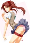  1girl :p ass bow brown_eyes brown_hair hair_bow highres licking long_hair nagian needle panties pink_panties school_uniform shirai_kuroko skirt skirt_flip smile solo sweater_vest thigh_strap to_aru_kagaku_no_railgun to_aru_majutsu_no_index tongue twintails underwear 