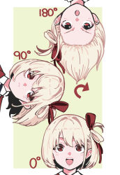  1girl :d :o absurdres blonde_hair border closed_mouth commentary_request frown hair_ribbon hair_rings highres lycoris_recoil multiple_views nishikigi_chisato open_mouth outside_border panyatteria portrait red_eyes red_ribbon ribbon short_hair simple_background single_hair_ring smile upside-down v-shaped_eyebrows white_border yellow_background 