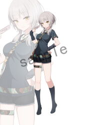  1girl absurdres arm_warmers bag belt between_breasts black_arm_warmers black_shirt black_shorts black_socks blush bracelet breasts closed_mouth full_body grey_hair hand_on_own_hip highres holding jewelry kneehighs looking_at_viewer medium_breasts necklace no_shoes original recri_(mihuashi) sample_watermark shirt short_hair short_hair_with_long_locks short_shorts short_sleeves shorts shoulder_bag smile socks solo standing strap_between_breasts thigh_strap watermark white_background yellow_eyes zoom_layer 