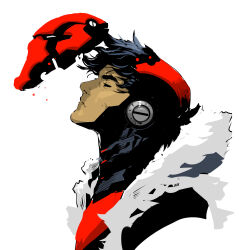  1boy batman_(series) batman_symbol black_hair bodysuit dc_comics dexter_soy helmet highres hood jason_todd male_focus mask muscular red_helmet red_hood_(dc) red_hood_and_the_outlaws red_mask red_ronin_(dc) short_hair simple_background solo superhero_costume upper_body white_background white_eyes white_hood 