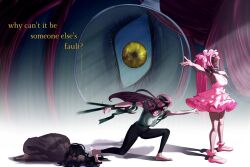  1girl alien_stage ankle_scrunchie barefoot black_hair black_pants bow commentary dress dress_bow emulation-0 english_commentary english_text glasses grey_robe hair_bow highres long_hair mizi_(alien_stage) mizi_(zombie_stage) multiple_persona outstretched_arms pants pink_bow pink_dress pink_hair pink_scrunchie pink_shoes robe scrunchie shirt shoes spread_arms strapless strapless_dress very_long_hair yellow_eyes zombie_stage 