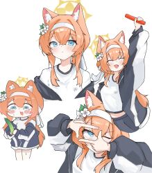  1girl absurdres animal_ear_fluff animal_ears blue_archive byomssui commentary_request crying cucumber finger_frame finger_frame_over_eye flower gym_shirt gym_shorts gym_uniform hair_flower hair_ornament hairband halo hand_up highres holding_relay_baton jacket mari_(blue_archive) mari_(track)_(blue_archive) multicolored_jacket official_alternate_costume open_mouth orange_hair relay_baton shirt shorts smile tears track_jacket two-tone_jacket white_flower white_hairband 
