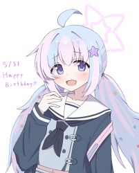  1girl :d ahoge backpack bag beads birthday_date black_jacket black_neckerchief blue_archive blush buttons collarbone commentary dated double-breasted double-parted_bangs grey_serafuku grey_shirt grey_skirt hair_beads hair_between_eyes hair_ornament halo hand_up happy_birthday highres ikaro_(1k_r) jacket long_hair long_sleeves looking_at_viewer low_twintails midriff miniskirt multicolored_hair neckerchief open_clothes open_jacket open_mouth pink_hair pink_halo pleated_skirt pocket purple_hair raised_inner_eyebrows reisa_(blue_archive) sailor_collar school_uniform serafuku shirt simple_background skirt smile solo star_(symbol) star_hair_ornament star_halo twintails two-tone_hair violet_eyes white_background white_sailor_collar 