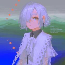 1girl bow bowtie closed_mouth dress earrings euphorbiaceae hair_over_one_eye highres jewelry looking_at_viewer mountain original outdoors short_hair solo upper_body white_bow white_dress white_hair yellow_eyes 