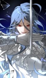  armor blue_background blue_hair broken_glass commentary cowboy_shot glass gloves hair_between_eyes highres holding holding_sword holding_weapon light_smile long_hair looking_at_viewer mkk3326 multiple_moles_under_one_eye narrowed_eyes pei_xinghuo rapier red_eyes shirt shoulder_armor simple_background sword the_evil_ring untranslatable_commentary very_long_hair weapon white_gloves white_shirt 