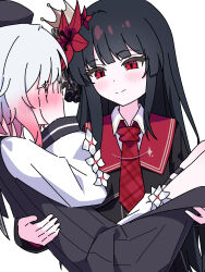  2girls absurdres beret black_coat black_hair black_hat black_shirt blush carrying closed_mouth coat collared_shirt commentary_request crown flower flower-trimmed_shorts flower-trimmed_sleeves gradient_hair hair_flower hair_ornament hat highres lee0fld long_hair long_sleeves mahou_shoujo_no_majo_saiban mini_crown multicolored_hair multiple_girls necktie nikaido_hiro pants pink_hair plaid_clothes plaid_necktie princess_carry red_eyes red_flower red_necktie sakuraba_ema shirt short_hair shorts simple_background sleeveless sleeveless_coat smile thigh_strap white_background white_hair white_pants white_shirt white_shorts white_sleeves yuri 