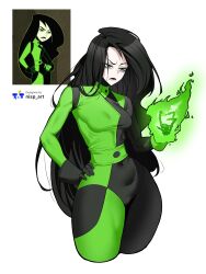  1girl absurdres artist_name asymmetrical_gloves black_gloves black_hair black_lips bodysuit fire flaming_hand gloves green_bodysuit green_eyes green_fire green_gloves highres kim_possible_(series) long_hair mismatched_gloves multicolored_bodysuit nisp_art photo_inset reference_inset shego skeletal_hand two-tone_bodysuit 