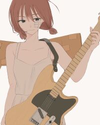  1girl bandaid bandaid_on_face blue_eyes brown_hair cardboard_wings commentary dress electric_guitar fake_wings fender_telecaster girls_band_cry grcr_pometa1118 guitar guitar_strap highres instrument iseri_nina low_twintails short_hair short_twintails simple_background solo twintails untranslatable_commentary white_background white_dress wings 