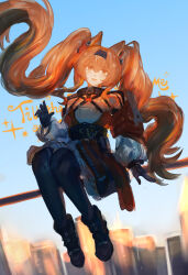  1girl absurdres angelina_(arknights) angelina_the_mellow_wish_(arknights) animal_ear_fluff animal_ears arknights black_boots black_collar black_gloves black_hairband black_thighhighs boots brown_hair chinese_commentary collar commentary_request detached_sleeves earpiece fox_ears fox_girl full_body gloves hair_between_eyes hairband highres hua_kai_fugui infection_monitor_(arknights) long_hair long_sleeves looking_at_viewer multicolored_hairband outdoors sky smile solo staff_riding thigh-highs twintails two-tone_hairband very_long_hair 