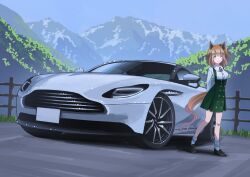  1girl absurdres animal_ears apollos_ars aston_machan_(casual)_(umamusume) aston_machan_(umamusume) black_shoes blush breasts brown_hair car casual closed_mouth commentary_request ear_scrunchie green_eyes green_skirt hair_ornament highres horse_ears horse_girl horse_tail long_sleeves looking_at_viewer medium_breasts medium_hair motor_vehicle one_side_up outdoors red_scrunchie scrunchie shirt shoes skirt smile socks solo suspender_skirt suspenders tail umamusume white_shirt white_socks 