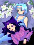  2girls beruche bishoujo_senshi_sailor_moon black_hair black_moon_clan blue_hair blue_legwear braid choker earrings facial_mark flower forehead_mark gloves hair_over_shoulder jewelry koan lily_(flower) long_hair lying moon multiple_girls nrets purple_eyes serious thigh-highs thighhighs violet_eyes 