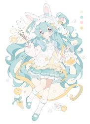  1girl absurdres animal_ear_fluff animal_ears animal_hat apron batter blue_eyes blush bow bowtie buttons color_guide commission crossed_bangs cup double-parted_bangs flower food food_in_mouth frilled_apron frilled_sleeves frilled_socks frills full_body green_bow green_bowtie green_hair green_ribbon green_shoes green_skirt hair_between_eyes hair_ornament hair_ribbon hairclip hat highres holding holding_whisk kamaboko long_hair long_sleeves mary_janes mihuashi_commission narutomaki one_side_up original parallel_hairclips pastry_bag petticoat pink_bow pink_ribbon pleated_skirt puffy_long_sleeves puffy_sleeves rabbit_ears rabbit_hair_ornament rabbit_hat ribbon saucer shoes sidelocks skirt sleeve_bow socks solo susu_binggan_bun teacup very_long_hair w_arms whisk white_flower white_hat yellow_apron yellow_flower yellow_ribbon 