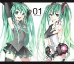  arms_up bridal_gauntlets detached_sleeves dual_persona green_eyes green_hair hands_on_chest hands_on_own_chest hands_to_chest hatsune_miku hatsune_miku_(append) letterboxed long_hair miku_append necktie open_mouth richard skirt thigh-highs thighhighs twintails very_long_hair vocaloid vocaloid_append 