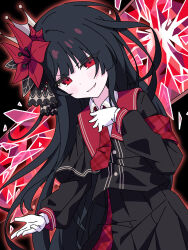  1girl absurdres armband black_background black_capelet black_hair black_shirt black_skirt broken_glass capelet collared_shirt commentary_request crown flower glass glass_shards gloves hair_flower hair_ornament hand_on_own_chest highres layered_skirt lee0fld long_hair long_skirt long_sleeves looking_at_viewer mahou_shoujo_no_majo_saiban mini_crown necktie nikaido_hiro overskirt pleated_skirt red_armband red_eyes red_flower red_necktie red_skirt shirt side_capelet skirt smile solo stained_glass upper_body v-shaped_eyebrows white_gloves white_shirt 