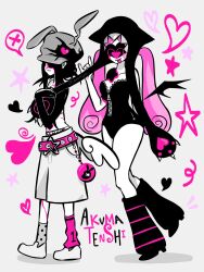  2girls \n/ absurdres alien_stage angel_and_devil angel_wings animal_ear_headwear beanie belt black_hair black_hat black_leg_warmers black_leotard black_wings commentary curled_ends detached_wings earflap_beanie everlyric grey_hat grey_socks hat heart highres leg_warmers leotard mismatched_leg_warmers mizi_(alien_stage) mizi_(zombie_stage) multiple_girls official_alternate_costume pink_belt pink_hair rabbit_ear_headwear romaji_text shoes shorts socks spoken_x star-shaped_buckle star_(symbol) star_belt_buckle strapless strapless_leotard sua_(alien_stage) sua_(zombie_stage) tongue tongue_out twintails untranslatable_commentary white_shoes white_shorts wings zipper zipper_leotard zipper_pull_tab zombie_stage 
