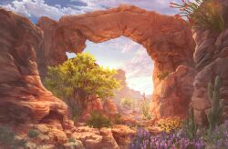  arch blue_sky cactus canyon clouds commentary_request day desert flower highres landscape nature no_humans orange_flower original outdoors purple_flower rappiihiroshi saguaro scenery sky tree 