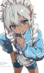  1boy antenna_hair apron bishounen blue_eyes commentary_request dark_skin earrings finger_to_mouth hair_between_eyes hand_on_own_hip highres jewelry long_sleeves looking_at_viewer male_focus original pointy_ears shiny_skin short_hair short_jumpsuit shota shushing straight-on stud_earrings trap white_hair white_nails yoruhachi 
