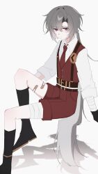  0o_h2so4_xx 1boy absurdres bandaged_arm bandaged_leg bandages bandaid bandaid_on_leg belt bishounen black_boots black_gloves black_socks boots closed_mouth collared_shirt expressionless gloves grey_hair hair_between_eyes highres invisible_chair knee_up limbus_company long_hair long_sleeves looking_at_viewer low_ponytail lucio_(project_moon) male_focus necktie ponytail project_moon red_necktie red_shorts red_vest shadow shirt shorts simple_background sitting socks solo suspenders very_long_hair vest violet_eyes white_background white_shirt 