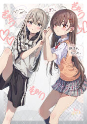  2girls ahoge black_shorts blush brown_eyes brown_hair collared_shirt commentary_request feet_out_of_frame grey_eyes grey_hair grey_hoodie grey_skirt grey_socks hair_between_eyes hair_ornament hairclip highres hood hood_down hoodie long_hair maruma_(maruma_gic) multiple_girls original parted_lips plaid_clothes plaid_skirt pleated_skirt ribbed_socks school_uniform shirt short_sleeves shorts signature skirt socks sweater_vest translation_request very_long_hair white_shirt zoom_layer 