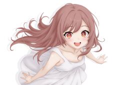  1girl brown_hair child commentary english_commentary goddess_of_victory:_nikke highres hospital_gown kyasanaxd light_blush long_hair looking_at_viewer only_one_(nikke) open_mouth shiny_eyes smile solo star-shaped_pupils star_(symbol) symbol-shaped_pupils teeth upper_teeth_only white_background white_gown 
