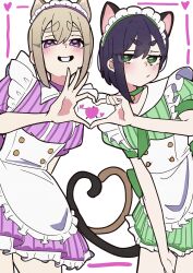  2girls :/ absurdres animal_ears apron asymmetrical_hair between_legs black_hair border brown_hair buttons cat_ears cat_girl cat_tail choker closed_mouth collared_dress commentary cowboy_shot crossed_bangs dress flat_chest frilled_apron frilled_dress frills green_choker green_dress green_eyes hair_between_eyes hand_between_own_legs haraga_kurumi heart heart_hands heart_hands_duo heart_in_heart_hands highres inset_border jitome kimi_no_koto_ga_dai_dai_dai_dai_daisuki_na_100-nin_no_kanojo looking_at_viewer maid_apron maid_headdress multiple_girls official_alternate_costume open_mouth pink_border pink_choker pink_dress pizzayanopunch puffy_short_sleeves puffy_sleeves raised_inner_eyebrows short_dress short_eyebrows short_hair short_sleeves simple_background sutou_iku tail thick_eyebrows underbust untranslatable_commentary v-shaped_eyebrows very_short_hair violet_eyes waitress white_apron white_background 