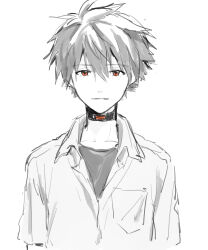 1boy absurdres closed_mouth commentary_request cropped_torso dress_shirt dss_choker grey_hair greyscale highres monochrome nagisa_kaworu neon_genesis_evangelion red_eyes school_uniform shirt short_hair simple_background solo straight-on t-shirt takuanoisi tokyo-3_middle_school_uniform upper_body white_background 