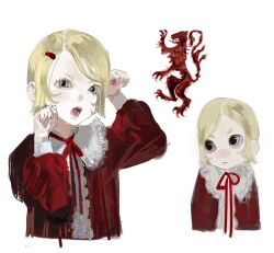  1girl blonde_hair chibi commentary dress english_commentary frilled_dress frills grey_eyes hair_ornament hairclip highres lace_trim long_sleeves multiple_views original puffy_long_sleeves puffy_sleeves red_dress red_ribbon rentizlaurentiz ribbon short_hair simple_background upper_body white_background white_wrist_cuffs wrist_cuffs 