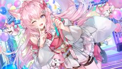  1girl :d ;d animal_ear_fluff animal_ears antenna_hair artist_request balloon black_shoes bow bowtie braid braided_bun breasts choker coat collared_shirt crown_braid double-parted_bangs double_bun frilled_skirt frills game_asset hair_bun hakui_koyori hakui_koyori_(assistant's_muse) hands_up highres holding holding_test_tube hololive hololive_dreams index_finger_raised kokoro_(hakui_koyori) lab_coat large_breasts long_hair looking_at_viewer loose_socks miniskirt non-web_source official_alternate_costume official_art one_eye_closed open_mouth pink_bow pink_bowtie pink_hair pink_socks pleated_skirt second-party_source self-datamine shirt shoes sidelocks skirt smile socks solo stage tail test_tube very_long_hair violet_eyes virtual_youtuber wavy_hair white_coat white_shirt white_skirt wolf_ears wolf_girl wolf_tail 