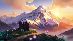  4others ambiguous_gender aqua_flower artist_name bow_(weapon) colorful colorful_clouds commentary commission english_commentary evening facing_away fantasy flower from_behind glowing_flower gradient_sky highres landscape mage_staff mountain multiple_others original outdoors path pink_flower scenery signature silhouette sky snow staff sun sunrise vgen_commission weapon wopgnop 