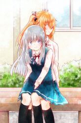  2girls black_socks blonde_hair blue_skirt blue_sweater_vest closed_mouth collared_shirt commentary day feet_out_of_frame grey_hair hair_ribbon ichi_yamura kneehighs koe_ga_dasenai_shoujo_wa_"kanojo_ga_yasashisugiru"_to_omotteiru kokosaki_kikuno long_hair long_sleeves looking_to_the_side mashiro_oto miniskirt multiple_girls neck_ribbon official_art on_bench outdoors pink_shirt pleated_skirt red_ribbon ribbon school_uniform second-party_source shirt sitting sitting_on_lap sitting_on_person skirt small_sweatdrop smile socks straight_hair sweater_vest turning_head twintails violet_eyes yellow_eyes yuri 