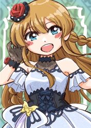  1girl :d bare_shoulders blue_eyes blush braid breasts brown_hair bug butterfly cowboy_shot detached_sleeves dress flower gloves hair_flower hair_ornament hand_on_own_head idolmaster idolmaster_million_live! idolmaster_million_live!_theater_days kousaka_umi long_dress long_hair looking_at_viewer open_mouth smile solo standing teeth twin_braids upper_teeth_only we_mura_shino 