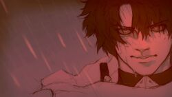  asymmetrical_bangs black_hair boku_no_hero_academia cloak curtained_hair eyes_visible_through_hair freckles hair_over_one_eye highres looking_at_viewer midoriya_izuku oliver_jin_wang rain red_background white_cloak 