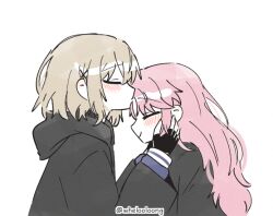  2girls black_cloak black_gloves brown_hair cloak closed_eyes commentary facing_another fingerless_gloves gloves kagari_mimi kimi_ga_shinu_made_koi_wo_shitai kiss kissing_forehead korean_commentary long_hair long_sleeves multiple_girls pink_hair short_hair simple_background smile totsuki_shiina wheloo3rd white_background yuri 