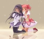  2girls akemi_homura black_hair bow gloves hair_bow hairband kaname_madoka kneeling long_hair magical_girl mahou_shoujo_madoka_magica meimone multiple_girls pantyhose pink_eyes pink_hair purple_eyes short_twintails tears twintails violet_eyes white_gloves 