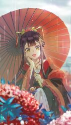  1girl :d absurdres bead_necklace beads blurry blurry_background body_switch brown_hair chinese_clothes commentary copyright_name duijin_ruqun flower foreshortening freckles futsutsuka_na_akujo_de_wa_gozaimasu_ga hand_on_own_cheek hand_on_own_face hanfu highres holding holding_umbrella jewelry kneeling long_hair necklace official_art open_mouth orange_shawl peony_(flower) personality_switch rain raised_eyebrows red_hanfu red_umbrella see-through_clothes see-through_shawl shawl shu_keigetsu smile solo textless_version umbrella untranslatable_commentary yellow_eyes 