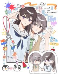  2girls apple bandaid bang_dream! bang_dream!_it's_mygo!!!!! bird blue_shirt brown_eyes brown_sweater_vest charm_(object) closed_mouth commentary dated_commentary diagonal-striped_clothes diagonal-striped_necktie fish food fruit green_necktie grey_hair half-heart_hands hanasakigawa_school_uniform haneoka_school_uniform highres holding_hands linh_3l long_hair mole mole_under_eye multiple_girls necktie open_mouth panda penguin popsicle sailor_collar school_uniform shiina_taki shirt short_hair skirt striped_clothes striped_necktie sweater_vest takamatsu_tomori violet_eyes watermelon_bar white_sailor_collar white_shirt white_skirt 
