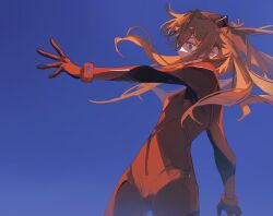 1girl blue_background blue_eyes bodysuit covered_mouth cowboy_shot eliza_804 hair_between_eyes hairpods highres interface_headset_(evangelion) long_hair mecha_pilot_suit multicolored_bodysuit neon_genesis_evangelion orange_bodysuit orange_hair plugsuit_(evangelion) profile reaching red_bodysuit simple_background solo souryuu_asuka_langley 