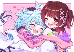  2girls :d ;d ^_^ ahoge artist_name black_choker blue_hair blunt_bangs border brown_eyes brown_hair choker closed_eyes commentary_request double-parted_bangs ear_piercing fangs gradient_hair hair_ornament hair_ribbon hand_on_another's_head heart highres hololive hololive_dev_is hood hood_down hooded_jacket hug jacket light_blush lightning_ahoge long_sleeves looking_at_viewer maruyama_en mechanical_hands medium_hair mizumiya_su mizumiya_su_(1st_costume) multicolored_hair multiple_girls official_alternate_costume official_alternate_hairstyle one_eye_closed open_mouth outside_border piercing pink_background pink_jacket pink_ribbon pink_streaks red_hair ribbon roboco-san roboco-san_(open_pink_hoodie) signature smile streaked_hair twitter_username two-tone_hair two_side_up upper_body virtual_youtuber white_border white_jacket x_hair_ornament 