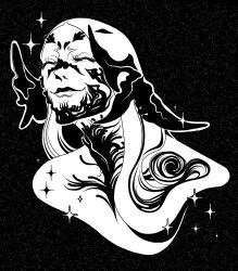 1boy adam's_apple au_ra commentary english_commentary eyelashes final_fantasy final_fantasy_xiv greyscale highres iliothermia lips male_focus monochrome nose smile sparkle upper_body 