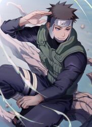  1boy black_pants black_shirt branch brown_eyes brown_hair closed_mouth commentary_request flak_jacket forehead_protector highres jacket konohagakure_symbol long_sleeves looking_to_the_side male_focus naruto_(series) naruto_shippuuden o000oxx pants shirt short_hair sitting sitting_on_branch smile solo twitter_username yamato_(naruto) 