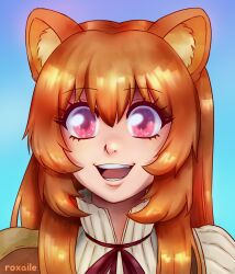  1girl :d absurdres animal_ear_fluff animal_ears armor artist_name blue_background brown_armor brown_hair collared_dress commentary dress english_commentary hair_between_eyes high_collar highres leather_armor long_hair looking_at_viewer neck_ribbon open_mouth pauldrons pink_eyes pinstripe_dress pinstripe_pattern raccoon_ears raccoon_girl raphtalia red_ribbon ribbon roxaile shoulder_armor single_pauldron smile solo sparkling_eyes straight-on tanuki tate_no_yuusha_no_nariagari teeth watermark white_dress 