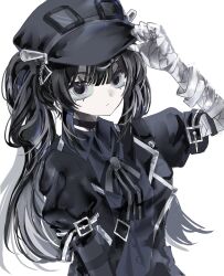  1girl 72_cha0 arm_belt asymmetrical_gloves bandaged_arm bandaged_hand bandages black_choker black_coat black_dress black_gloves black_hair black_hat black_ribbon choker coat collared_dress commentary_request dress gloves goggles goggles_on_headwear grey_eyes hair_ornament hand_on_headwear hat highres kurobe_nanoka long_hair looking_at_viewer mahou_shoujo_no_majo_saiban neck_ribbon ribbon simple_background solo twintails upper_body white_background 