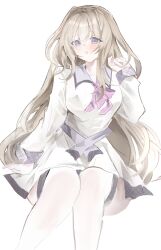 1girl 9-nine- :o arm_at_side belt blue_eyes blush bow brown_hair chest_bow commentary dress feet_out_of_frame furrowed_brow grey_belt hakusen_academy_school_uniform hand_up highres invisible_chair kujou_miyako long_hair long_sleeves looking_at_viewer open_mouth pink_bow school_uniform shiro_rei419 short_dress sidelocks simple_background sitting solo thigh-highs very_long_hair white_background white_dress white_thighhighs 