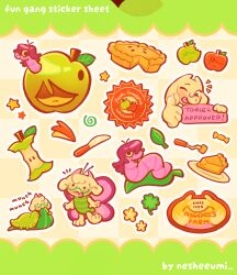  animal_ears apple artist_name bitten_apple butterfly_wings caterpillar commentary deltarune english_commentary english_text food food_bite fruit goat_ears highres insect_wings kris_(deltarune) leaf nesheesuu2 pie pie_slice ralsei star_(symbol) sticker_sheet_(medium) susie_(deltarune) thumbs_up toriel utdr_(toby_fox) wings worm 