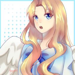  1girl :o absurdres artist_name bird_girl bird_wings blaxemart blonde_hair blue_border blue_bow blue_eyes blue_hair border bow chest_bow child collarbone commentary_request curtained_hair feathered_wings filo_(tate_no_yuusha_no_nariagari) highres long_hair long_sleeves looking_at_viewer multicolored_hair open_mouth outside_border signature solo spanish_commentary tate_no_yuusha_no_nariagari teeth two-tone_hair upper_body upper_teeth_only watermark wavy_hair white_hair white_wings wings 