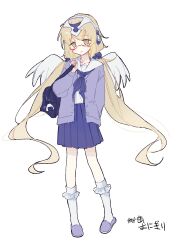  1girl alternate_costume angel_wings bag black_bag blonde_hair blue_neckerchief blue_skirt cardigan closed_mouth commentary_request fate/grand_order fate_(series) feathered_wings full_body glasses hair_ornament hair_scrunchie headphones highres himitsu_onigiri jeanne_d'arc_(fate) long_hair long_sleeves low_twintails metatron_jeanne_(fate) metatron_jeanne_(second_ascension)_(fate) neckerchief open_clothes pleated_skirt purple_skirt red-framed_eyewear sailor_collar school_bag school_uniform scrunchie serafuku shirt shoulder_bag simple_background skirt slippers socks solo standing twintails very_long_hair white_background white_shirt white_socks white_wings wings yellow_eyes 