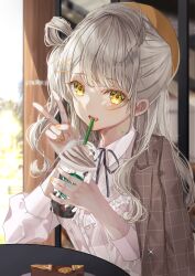 1girl absurdres black_ribbon blazer brown_jacket buttons checkered_clothes checkered_jacket collared_shirt commentary_request cup disposable_cup drinking drinking_straw ebimau food frilled_shirt frills grey_hair hair_ornament hairclip highres holding holding_cup jacket jacket_on_shoulders long_hair looking_at_viewer love_live! love_live!_school_idol_project minami_kotori neck_ribbon open_mouth ribbon shirt solo upper_body white_shirt yellow_eyes yellow_nails 